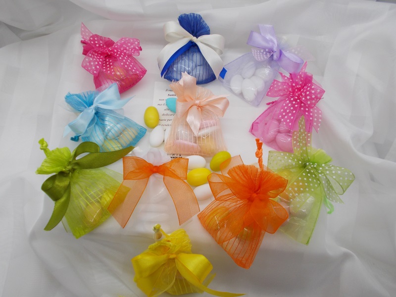 Sacchettini in organza cm 10x7 colori arancio, rosa, blu, viola, verde, azzurro